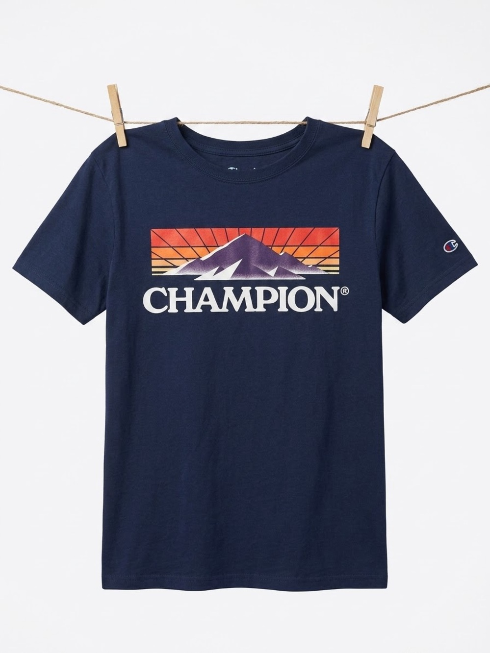 Champion Navy Tee with Sunset Mountain Graphic